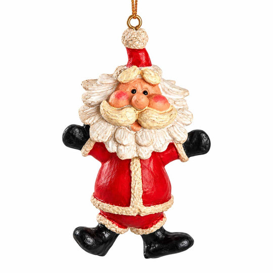 A whimsical Santa Claus hanging ornament with a textured, rustic finish. The ornament features a red suit with beige trim, black boots and gloves, a fluffy white beard, and a gold hanging loop at the top, set against a plain white background.