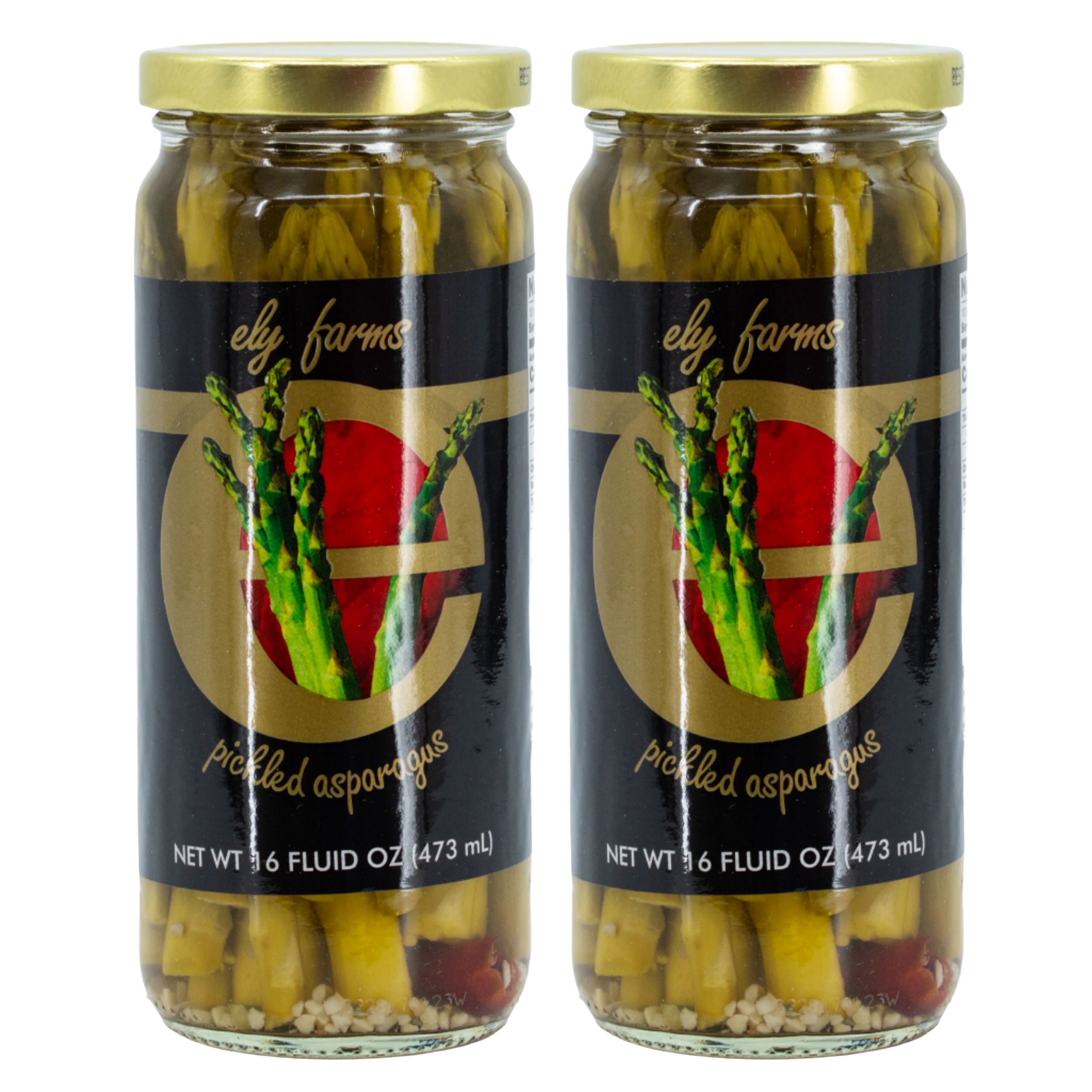 Two jars of Ely Farms pickled asparagus on a white background