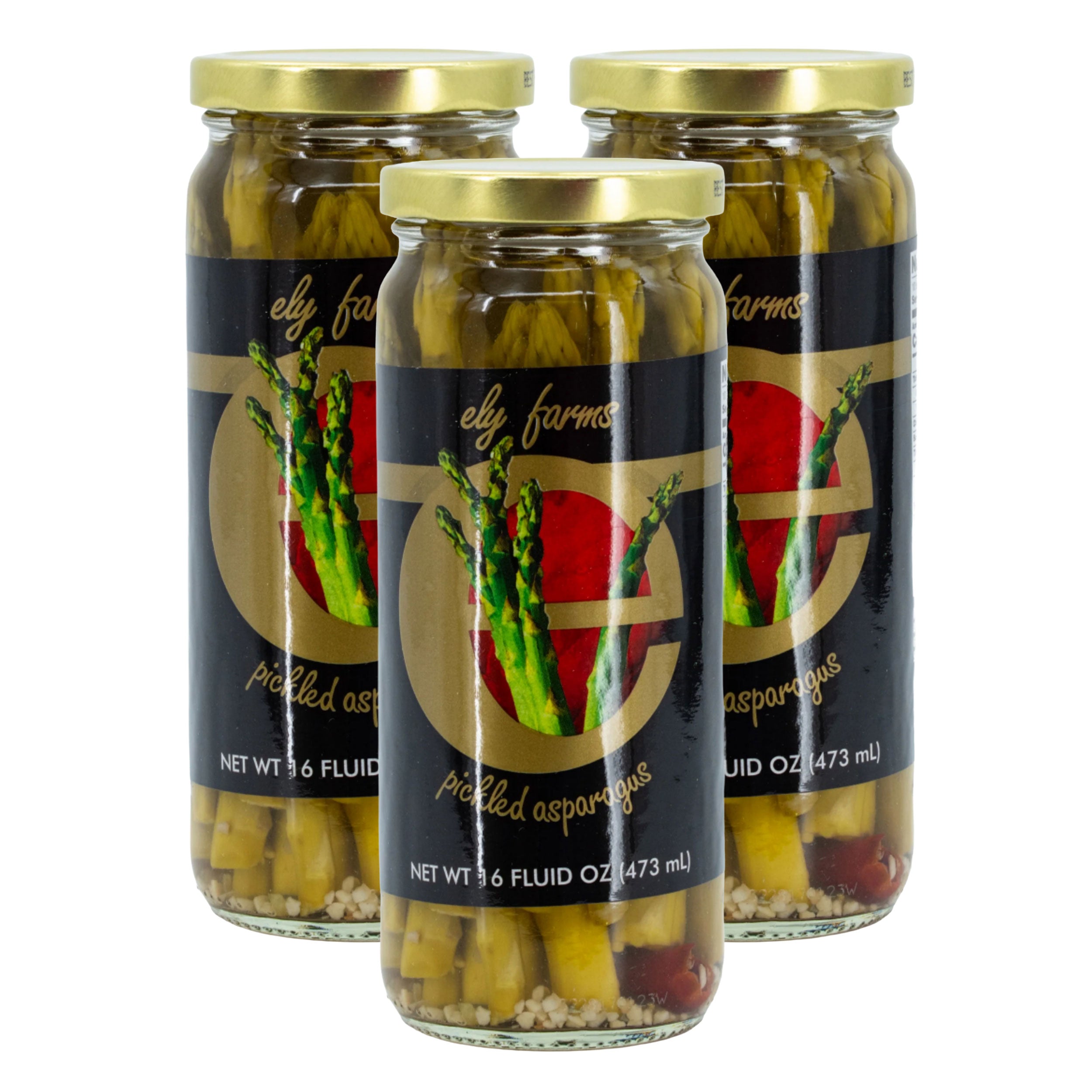 Three jars of Ely Farms pickled asparagus on a white background