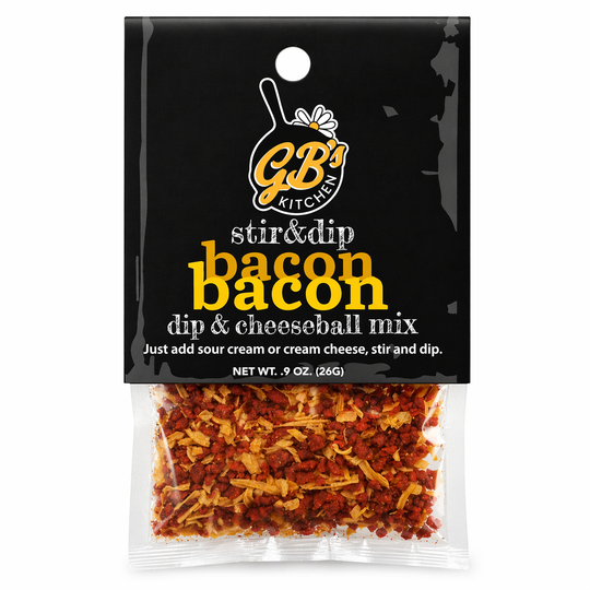 Packaged dip and cheeseball mix with GB's Kitchen branding on a black background