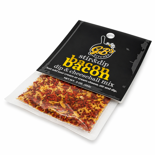 Stir and dip bacon and cheeseball mix packaging on a white background