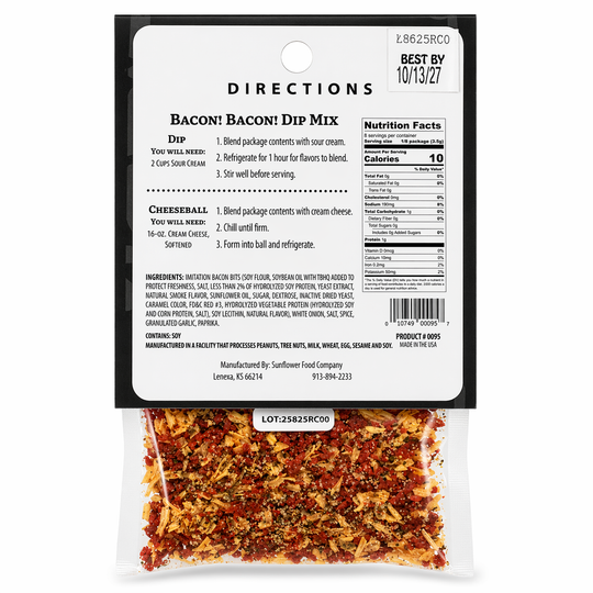 Bacon dip mix package with label and ingredients listed