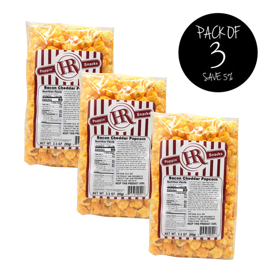 Bacon Cheddar Popcorn | 3.5 oz. | Pack of 3 | Sizzlin' Bacon & Cheese Popcorn | Made in Gibbon, NE | HR Poppin' Snacks