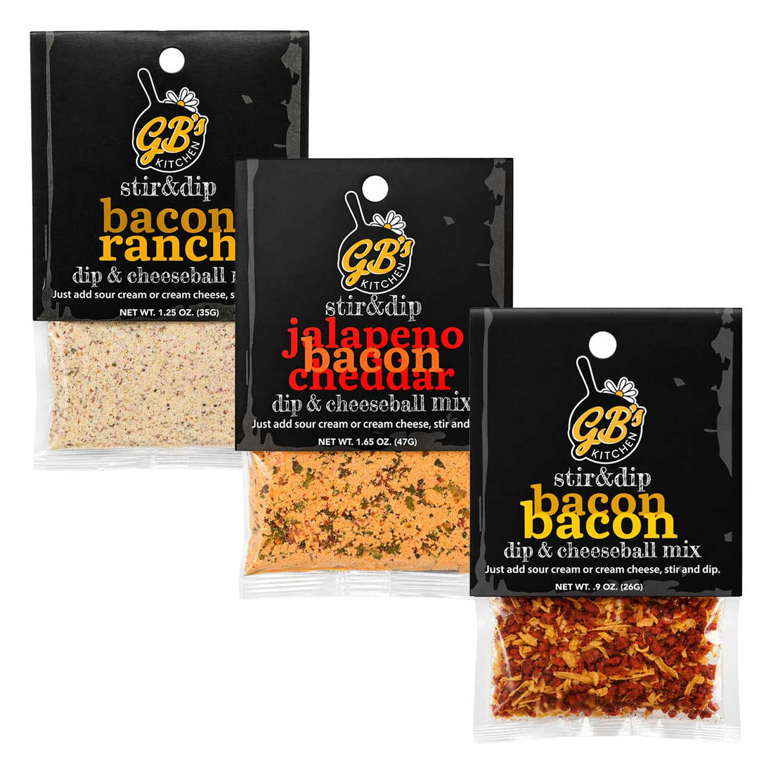 Three packages of GB Kitchen stir & dip seasoning mixes on a white background