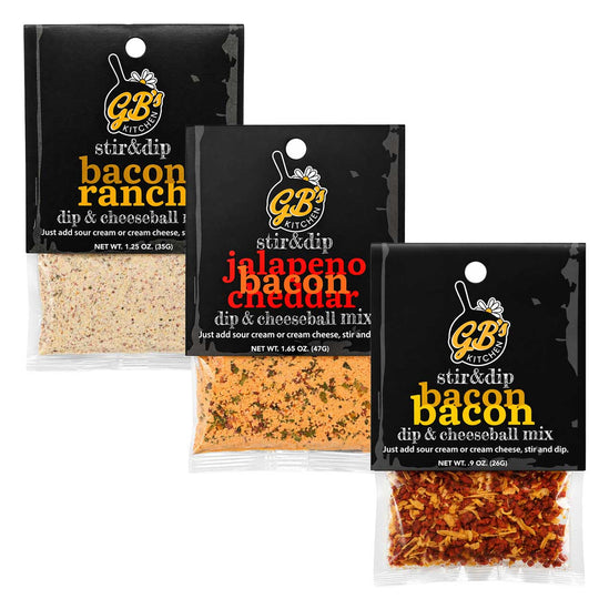 Three packages of GB Kitchen stir & dip seasoning mixes on a white background