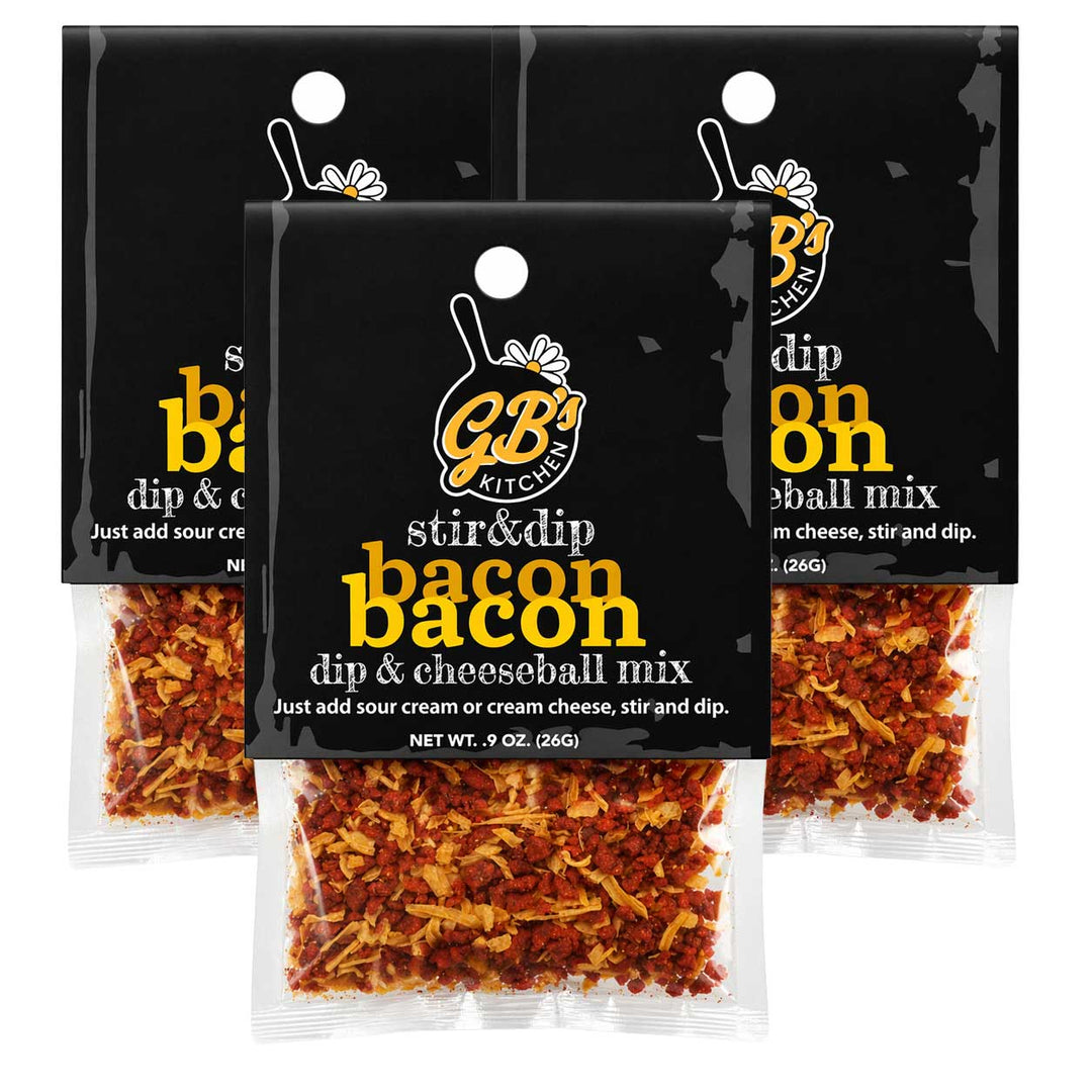 Three packages of GB's Kitchen bacon cheeseball mix on a white background