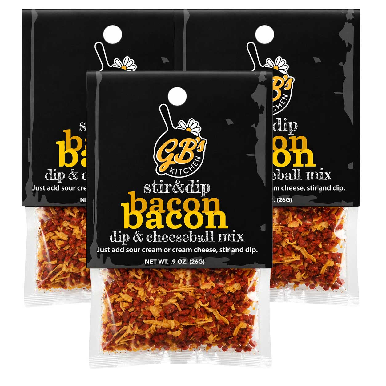 Three packages of GB's Kitchen bacon cheeseball mix on a white background
