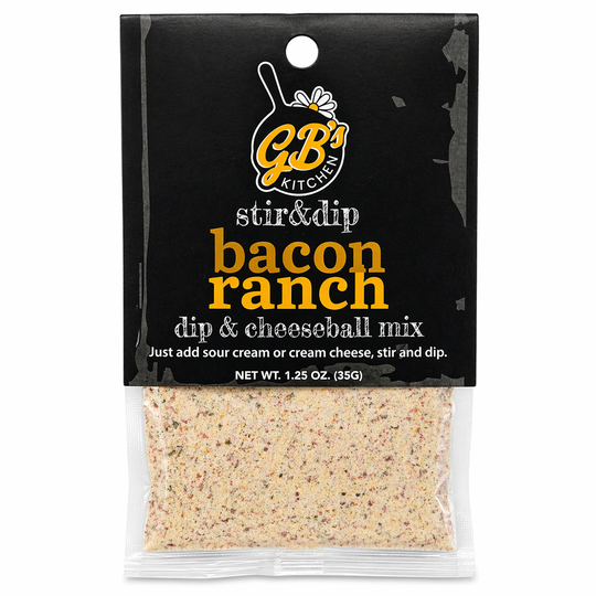 Packaged bacon ranch dip & cheeseball mix with GB's Kitchen branding on a black background.