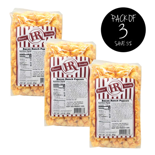 Bacon Ranch Popcorn | Pack of 3 | 3.5 oz | Creamy Ranch With Sizzlin' Bacon | Savory Snack | HR Poppin' Snacks | Made in Gibbon, NE