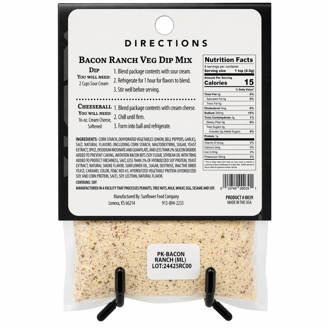 Bacon Ranch Veg Dip Mix packaging with directions and nutrition facts on a white background