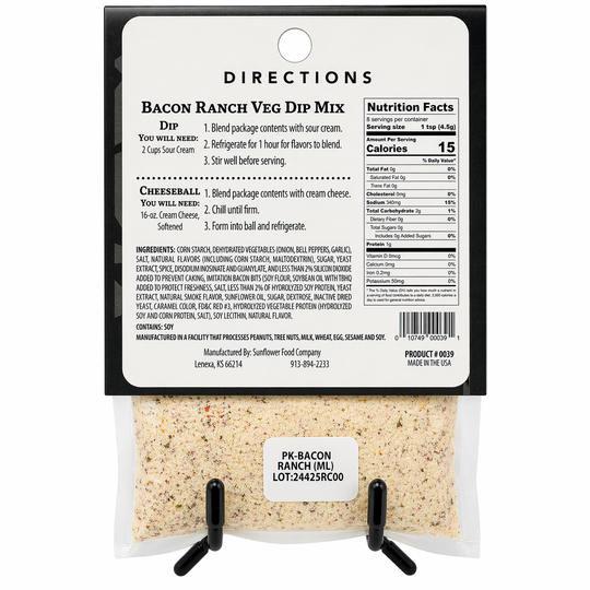 Bacon Ranch Veg Dip Mix packaging with directions and nutrition facts on a white background