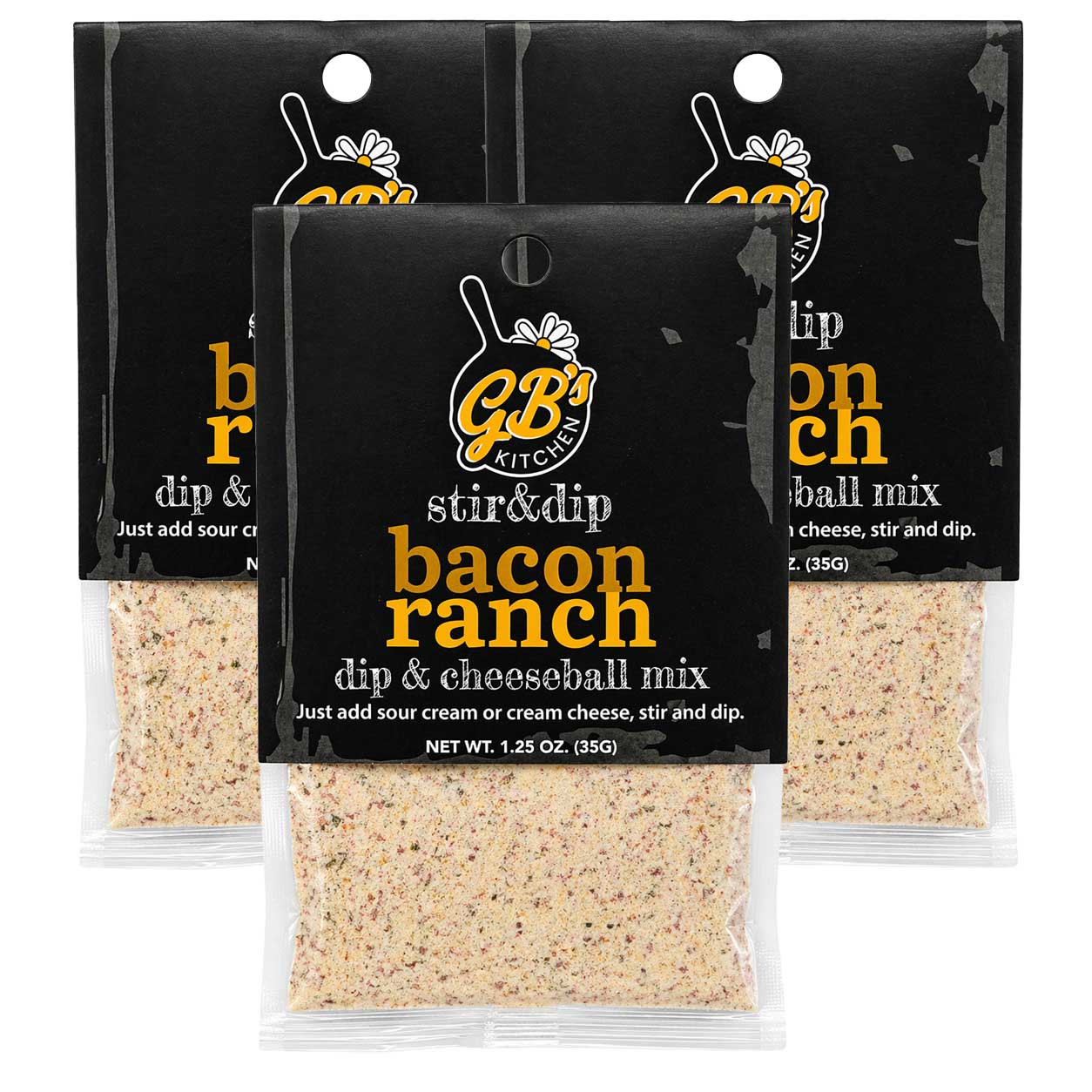 Three packages of GB's Kitchen bacon ranch dip and cheeseball mix on a white background.