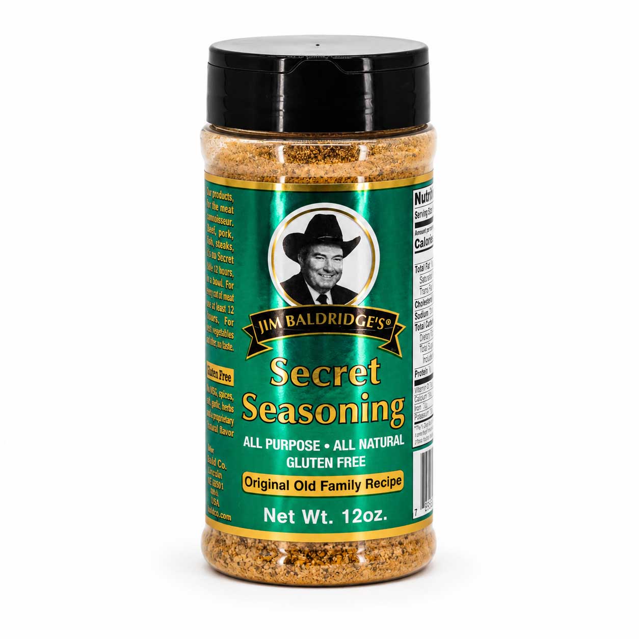 A 12 oz plastic shaker bottle of Jim Baldridges Secret Seasoning with a black lid and a green label, shown on a white background.