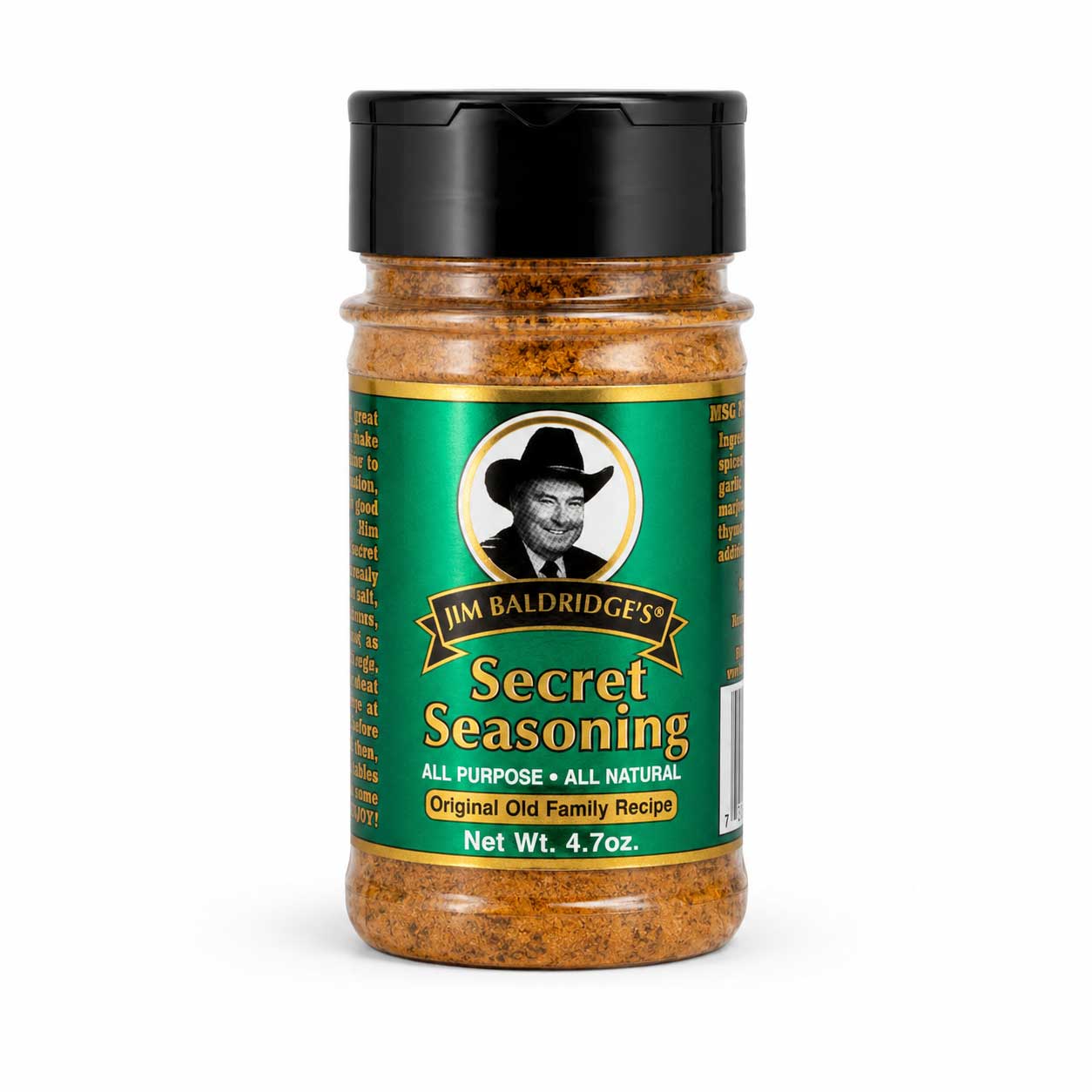A bottle of Jim Baldridge's Secret Seasoning with a black cap and a green label, shown on a plain white background.