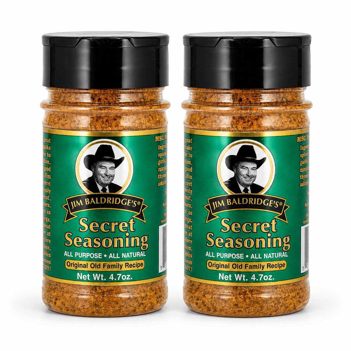 Two bottles of Jim Baldridge's Secret Seasoning displayed side-by-side on a white background.