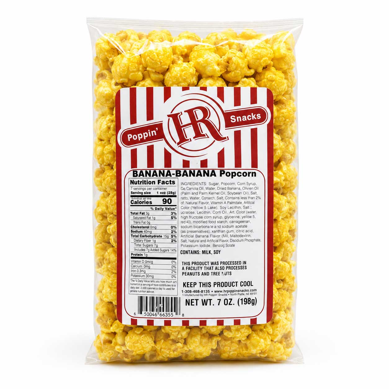 A 7 oz clear plastic bag of Poppin' Pops Snacks Banana-Banana Popcorn, showing the yellow popcorn inside and a red and white striped label with nutrition facts.