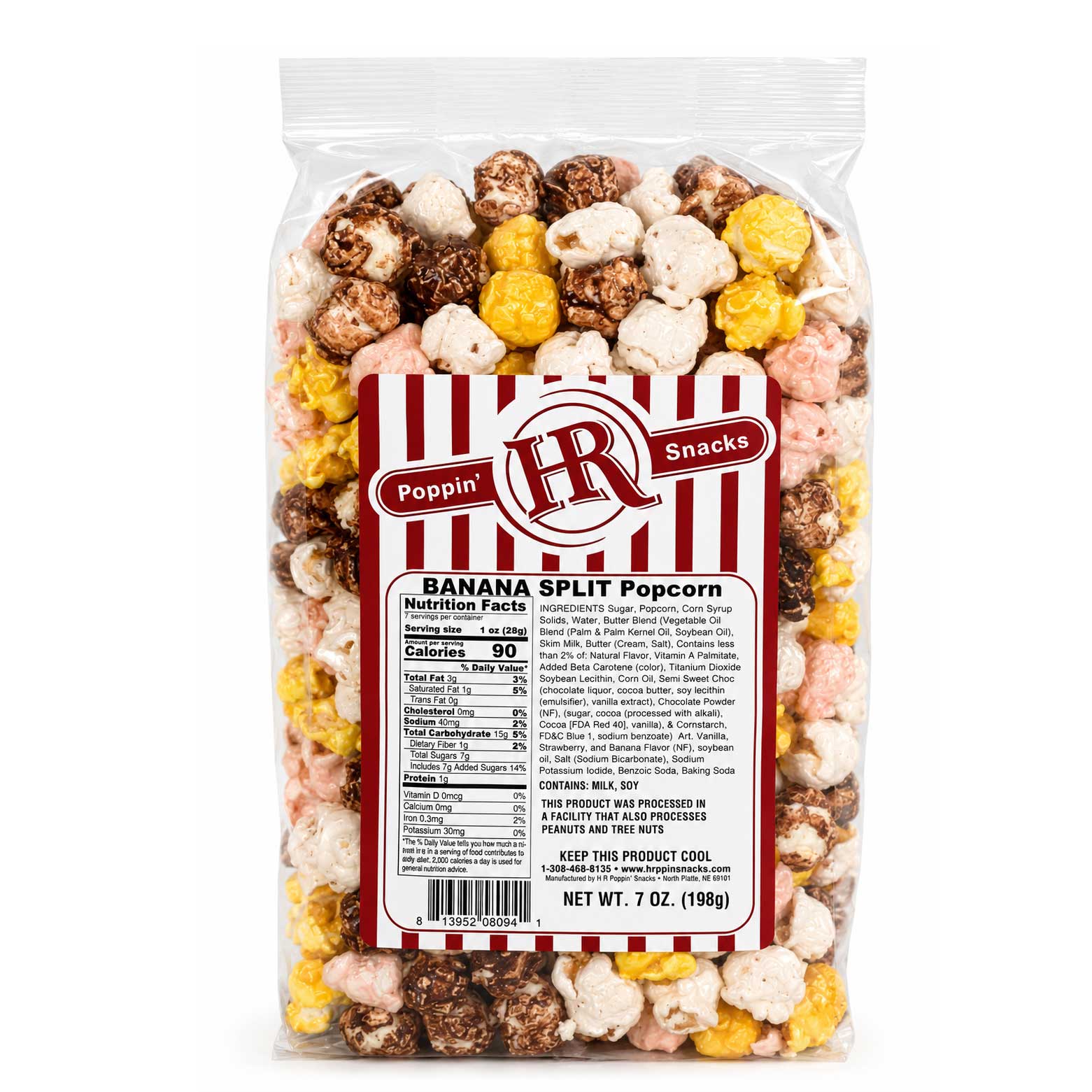 A 7 oz bag of Poppin' IR Snacks Banana Split Popcorn, featuring a clear plastic bag filled with a mix of white, yellow, pink, and brown popcorn pieces, complete with a red and white striped label.