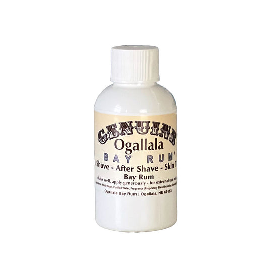 Bottle of Ogallala Bay Rum aftershave on a white background