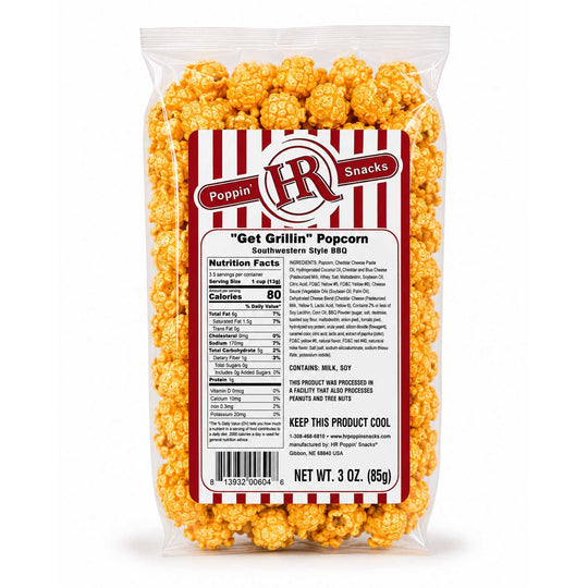 A 3 oz bag of Popping HR 'Get Grillin'' Popcorn Southern Style 880, showing the clear plastic packaging filled with golden-yellow popcorn and a red and white striped label.