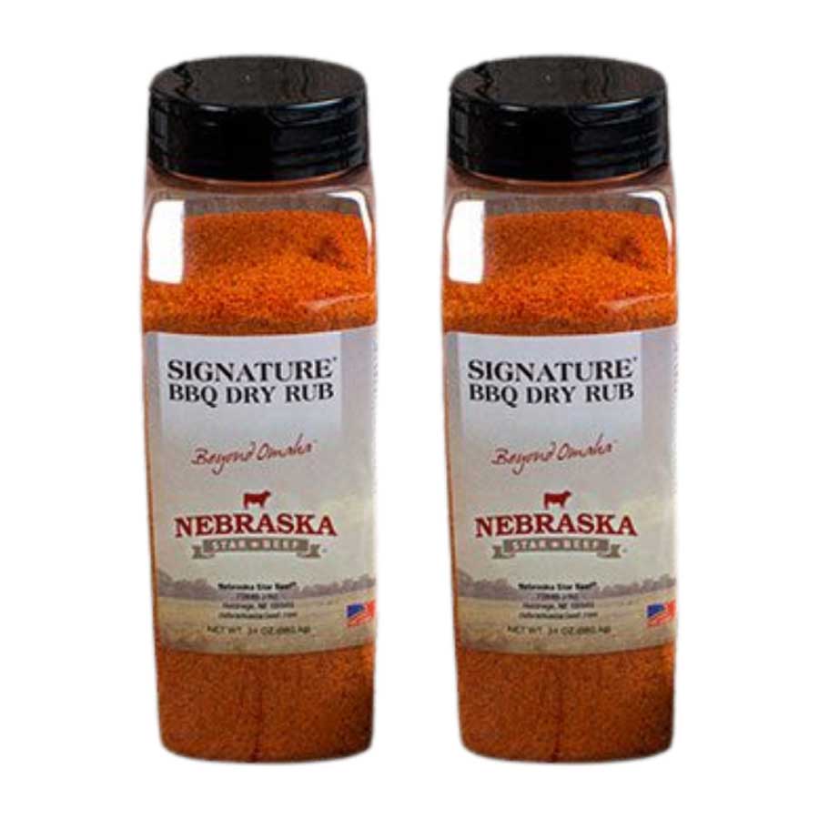 Two bottles of Nebraska Signature BBQ Dry Rub on a white background