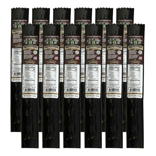 Multiple packages of Lucky brand beef jerky on a white background