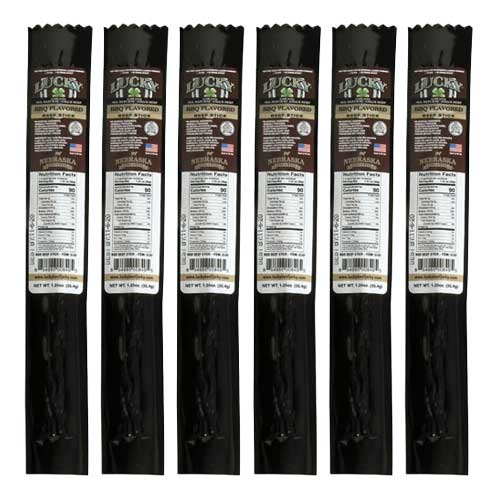 Six packages of Lucky beef sticks with labels on a white background