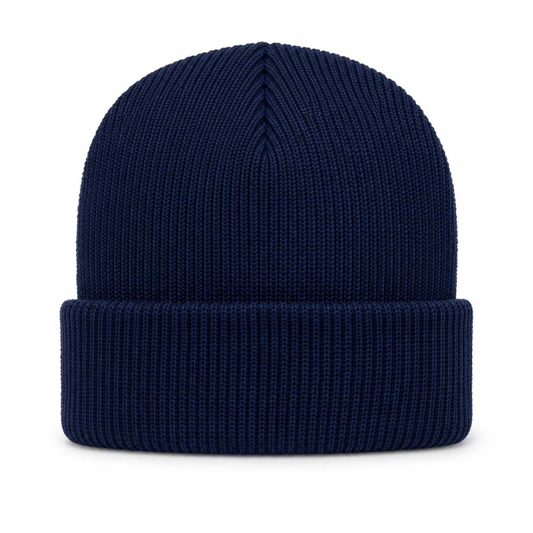 A classic navy blue ribbed knit beanie hat, shown from the front on a clean white background.