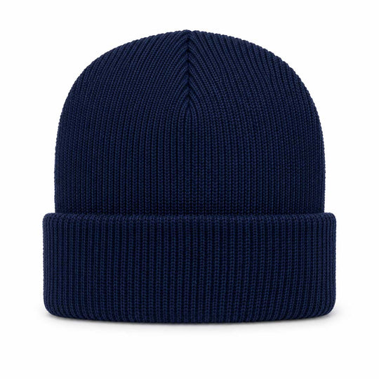 A classic navy blue ribbed knit beanie hat, shown from the front on a clean white background.