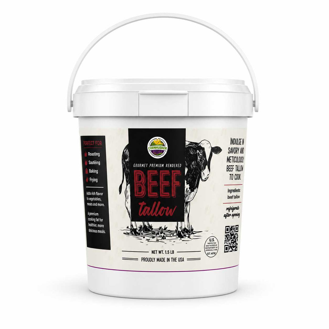 A white plastic bucket of Beef Tallow dry cow manure fertilizer by Livestock Pro Products, featuring a detailed label with a black and white cow illustration and red text.