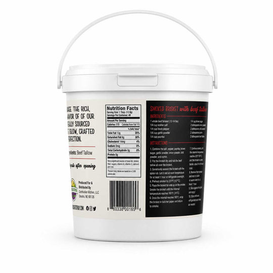 A white plastic bucket with a handle, shown from the back against a white background. The back of the bucket features a black label with white text, a nutrition facts panel, a barcode, and red text reading 'SMOKED INSECT with beef tallow'.