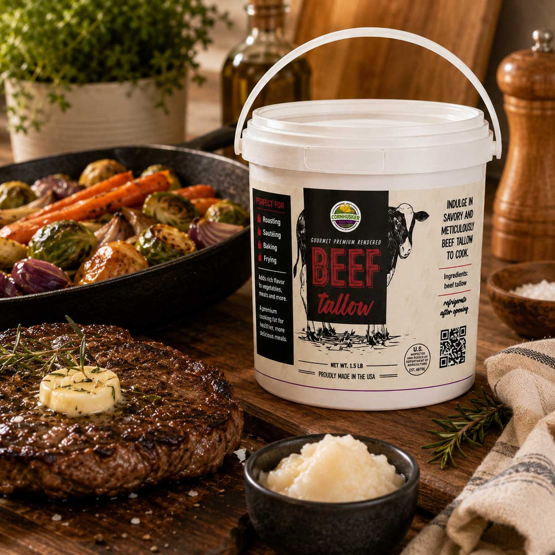 A white plastic tub of Grass River Beef Tallow rendered fat sits on a rustic wooden table surrounded by cooked beef dishes, a skillet of roasted vegetables, a small bowl of pale tallow, herbs, and a pepper mill.
