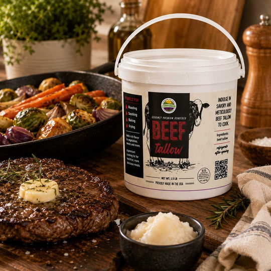 A white plastic tub of Grass River Beef Tallow rendered fat sits on a rustic wooden table surrounded by cooked beef dishes, a skillet of roasted vegetables, a small bowl of pale tallow, herbs, and a pepper mill.