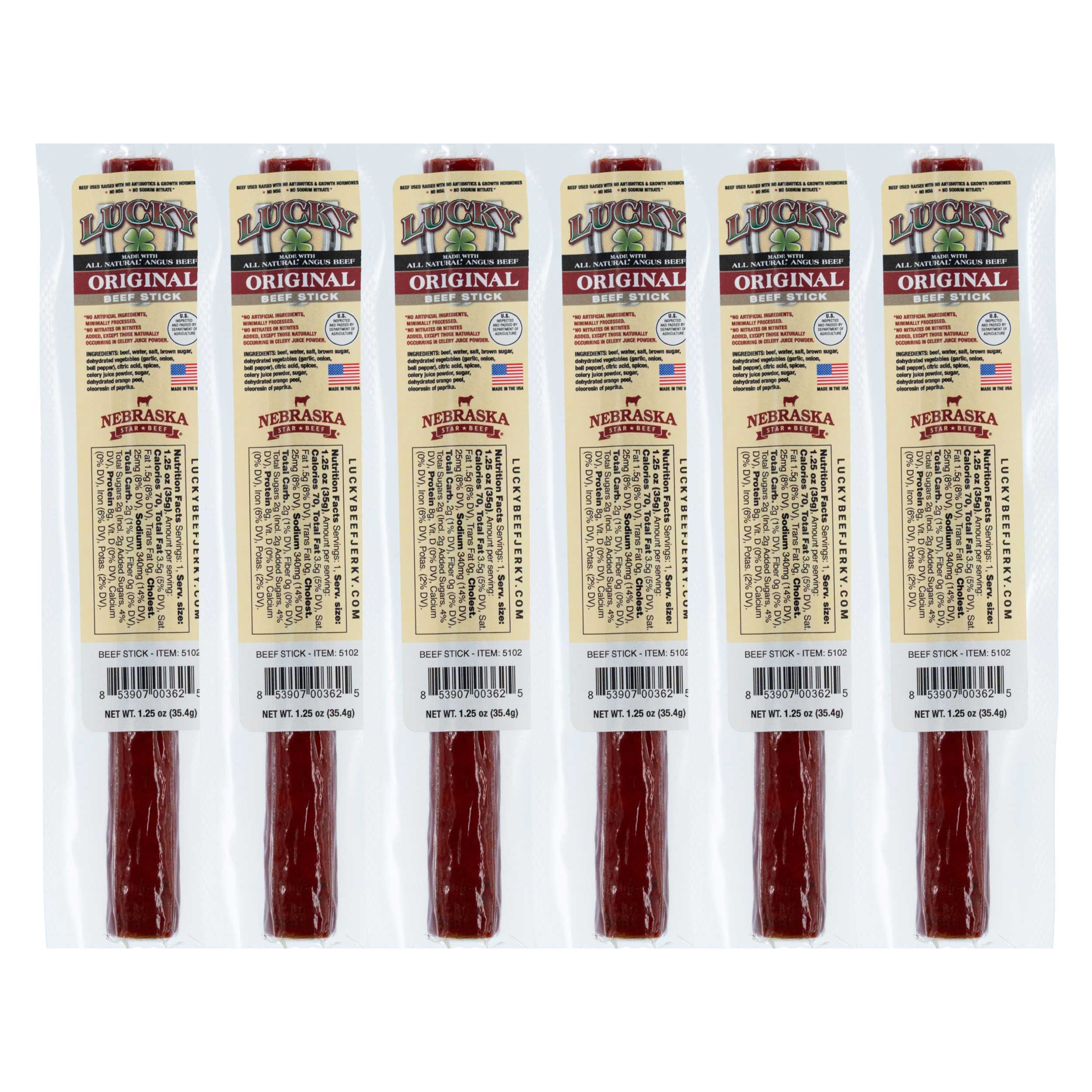Six packages of Lucky Original Nebraska beef sticks on a white background