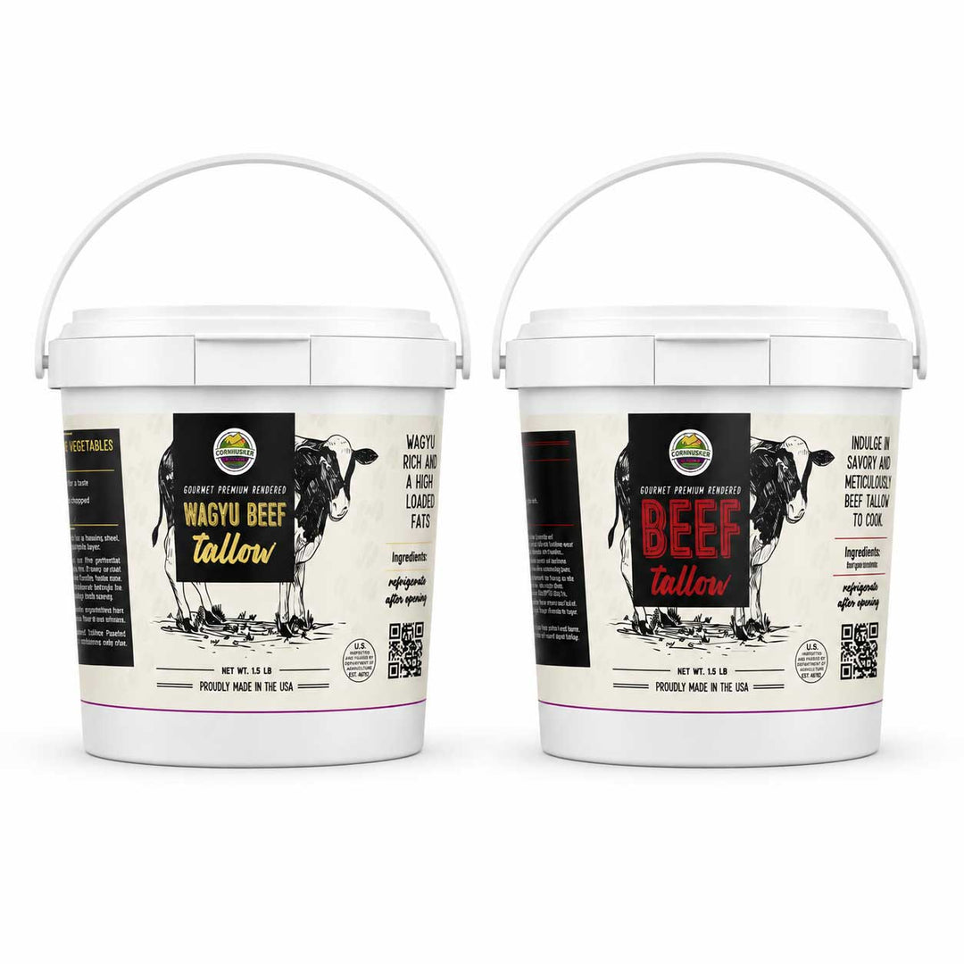 Two white plastic buckets of Wavy Beef Tallow supplement with handles, shown side by side on a white background. The left bucket shows the back label with ingredients and QR code, and the right bucket shows the front label with a cow illustration and 'BEEF tallow' in red text.