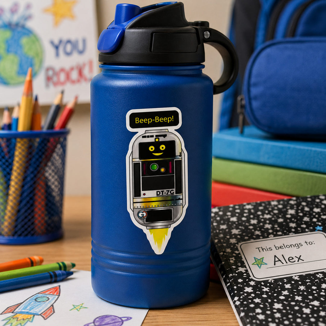 A blue insulated water bottle with a black lid and carry loop, featuring a robot sticker that says 'Beep-Beep!'. The bottle is shown on a desk with school supplies, including a pencil cup, crayons, a coloring page, and a notebook labeled 'This belongs to: Alex'.