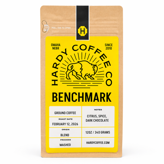 Hardy Coffee Co. Benchmark coffee package on a white background