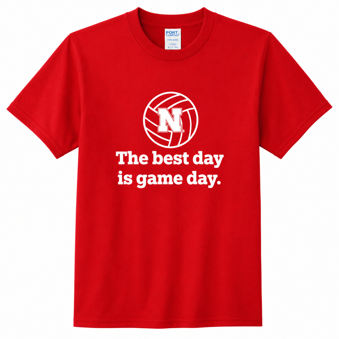 Red t-shirt with volleyball graphic and text on a white background
