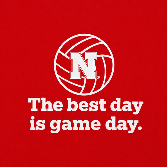 Red background with white volleyball graphic and text 'The best day is game day.'