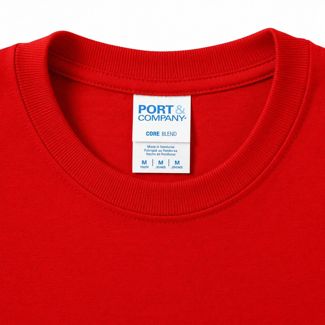 Red shirt with a Port & Company label on a white background