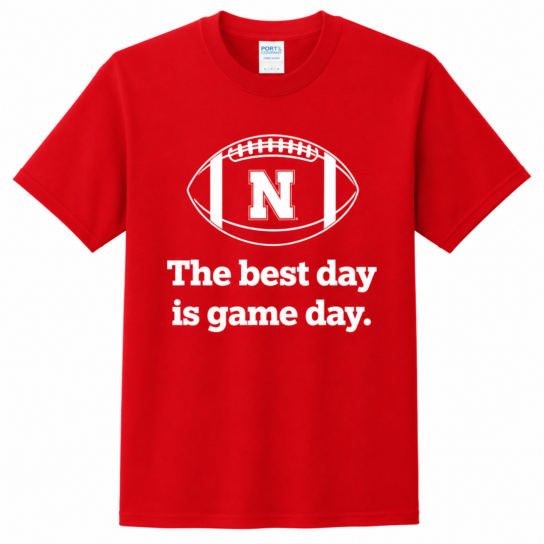 Red t-shirt with football graphic and text 'The best day is game day.'