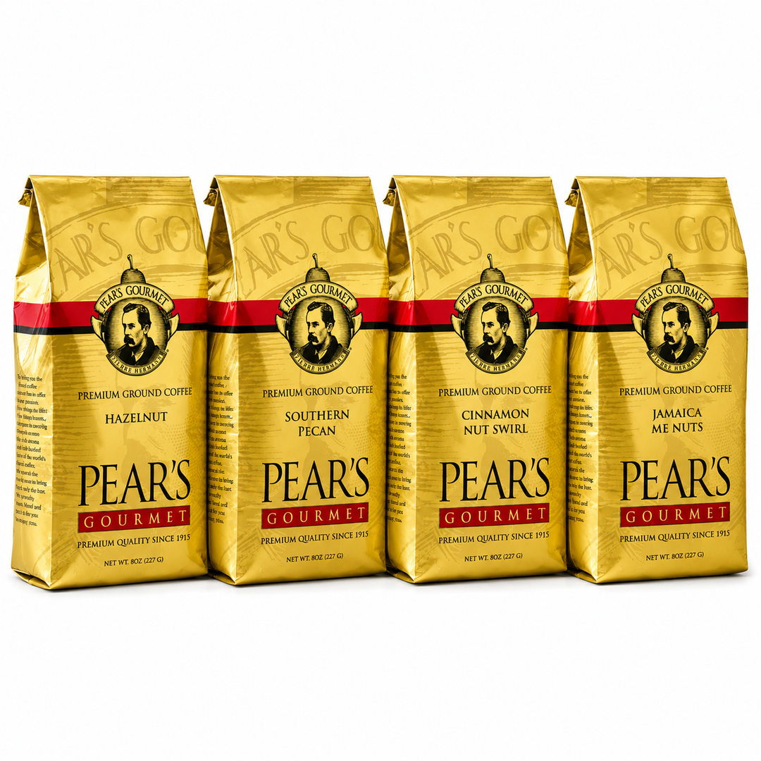 Four gold coffee bags with Pears Gourmet branding on a white background