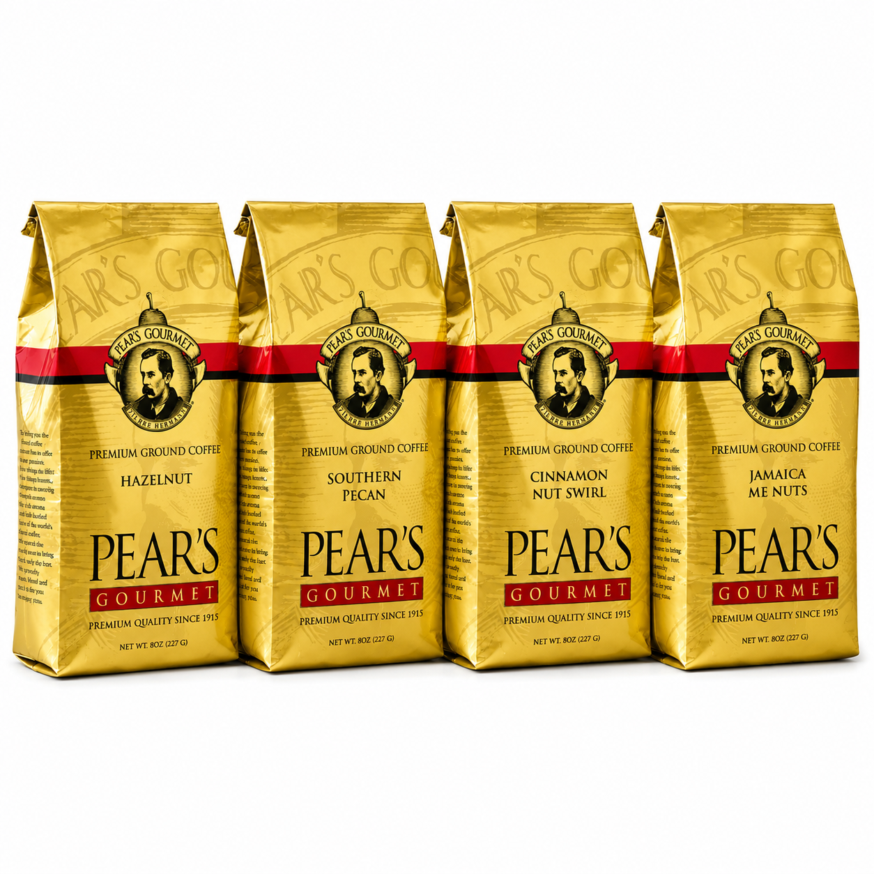 Four gold coffee bags with Pears Gourmet branding on a white background