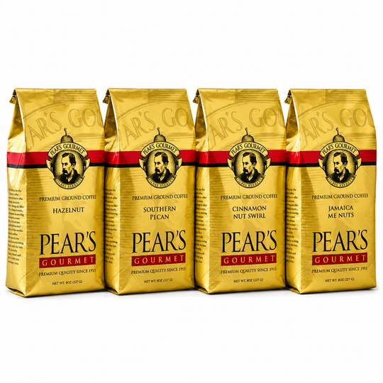 Four gold coffee bags with Pears Gourmet branding on a white background