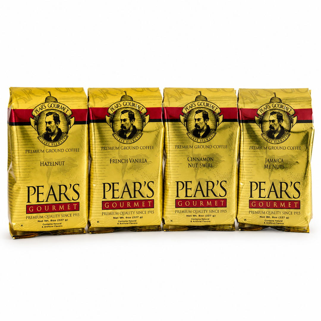 Four packages of Pear's Gourmet coffee on a white background