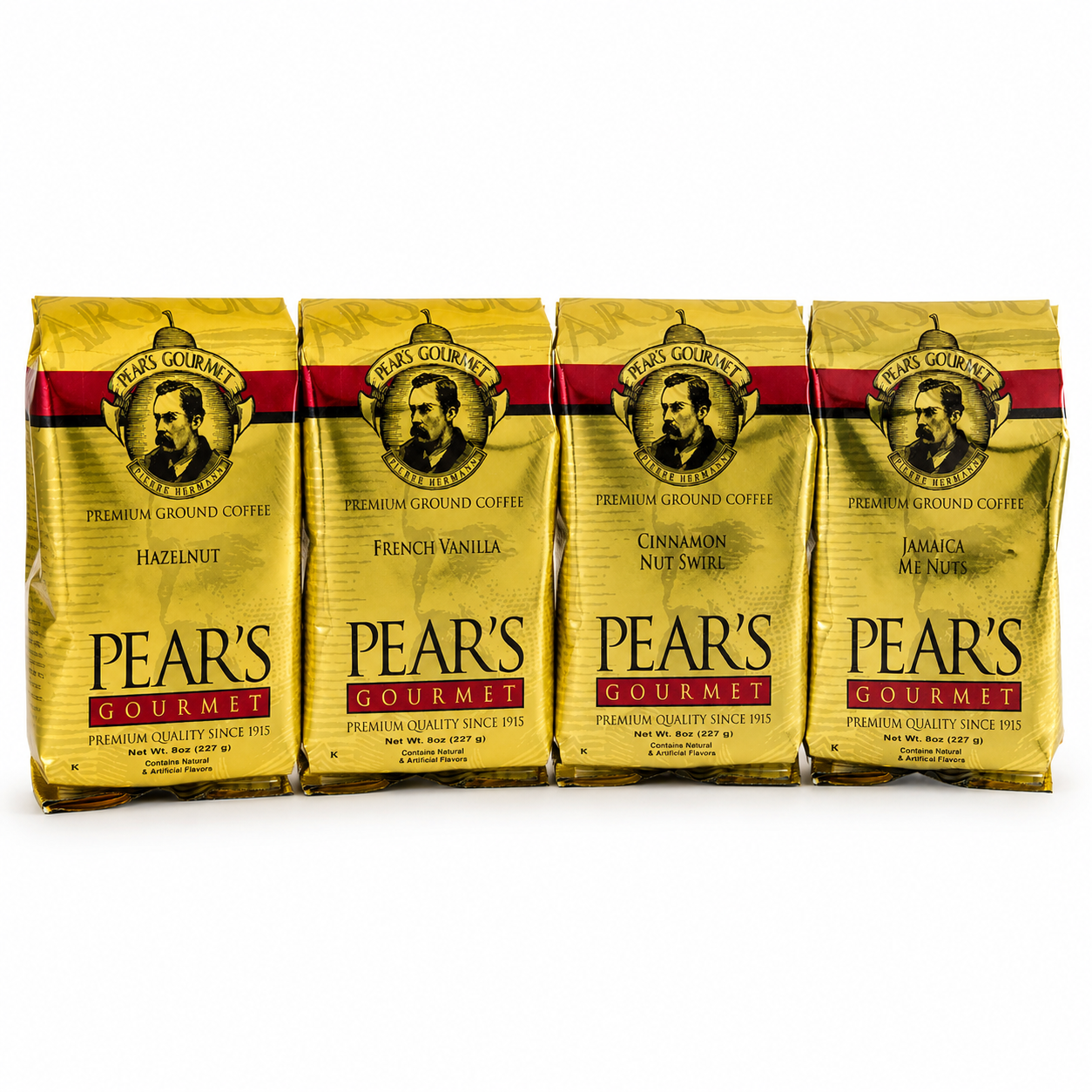 Four packages of Pear's Gourmet coffee on a white background