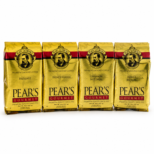 Four packages of Pear's Gourmet coffee on a white background