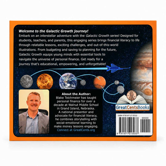 Back cover of a book titled 'Welcome to the Galactic Growth journey!' with an orange border, dark space-themed background, illustrations of celestial bodies and planets, a small author photo, author bio, and a GreatCentsBooks logo with barcode.
