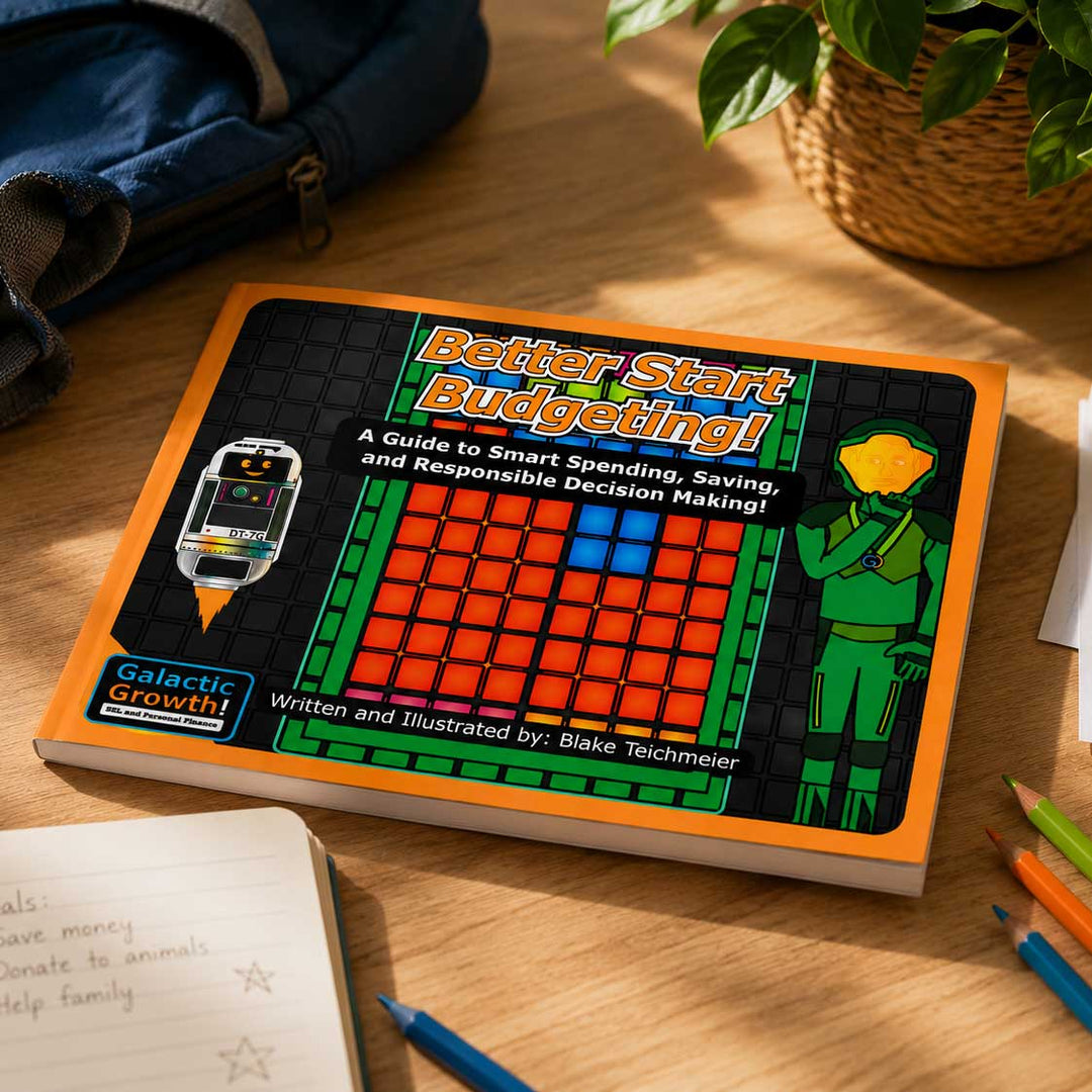 A book titled "Better Start Budgeting!" lies open on a wooden desk, surrounded by a notebook, pens, pencils, a plant, and a backpack. The cover shows a colorful budgeting grid and cartoon graphics.