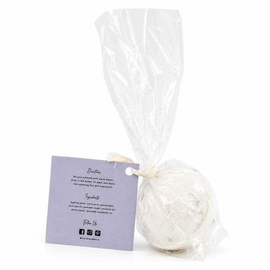 Bath bomb in clear plastic packaging with a label on a white background