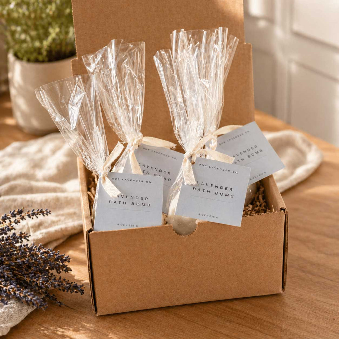 Box of lavender bath bombs with clear cellophane packaging on a wooden surface.